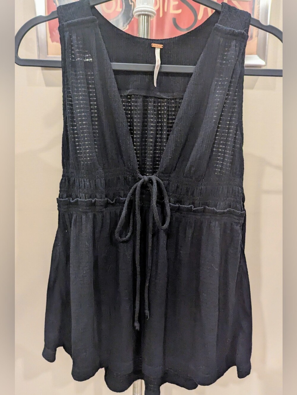 $23 Free People Size S Plunge Tie Front Tank Tunic Black EUC Bohemian